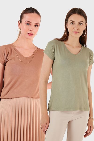 Lela V-Neck Relaxed Fit Slit Detailed 2'Li Package Blouse Bluz 5862000S2