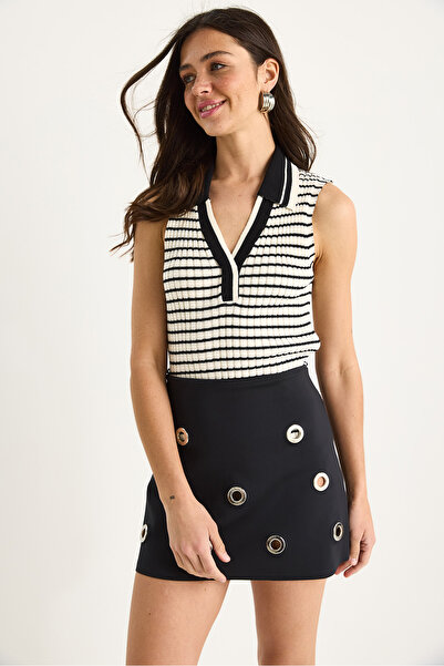 Bianco Lucci Kadın Polo Yaka Çizgili Fitilli Kalın Askılı Yazlık Triko Bluz 20258014