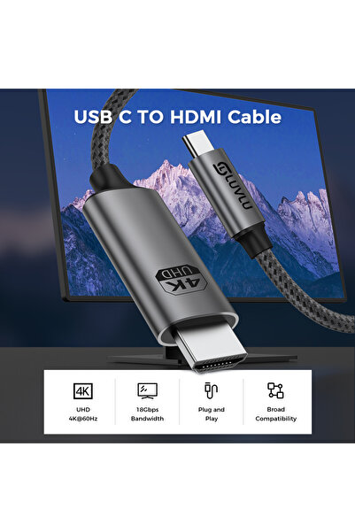 LUVLU USB C to HDMI braided cable, UHD 4k@60Hz, 18Gbps speed, 3D, HDR, HDCP, length 2m