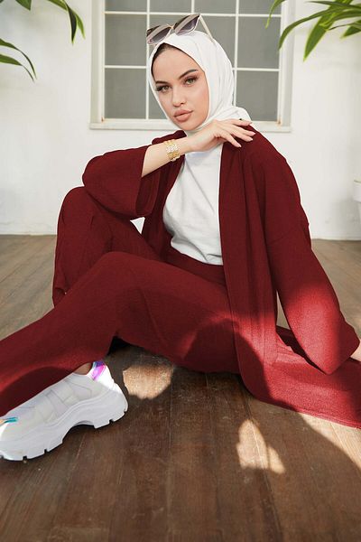 TOFİSA Cardigan Trousers Double Suit Claret Red - 27115