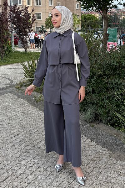 Tesettür Diyarı Summer Crepe Fabric Shirt Trousers Set - Anthracite