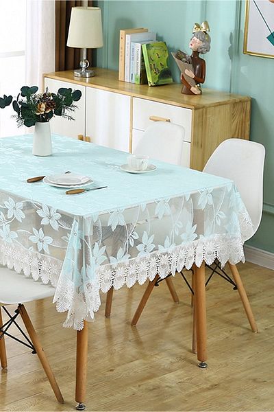 OBRO Fata de masa din dantela brodata, eleganta, imprimeu floral, dreptunghiulara, 130 x 180, albastru
