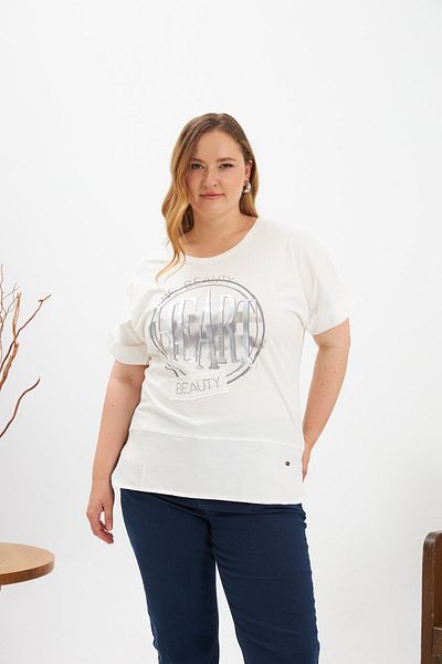 RMG Heart Print Detailed Large Size T-Shirt Ecru