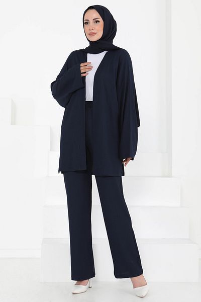 TOFİSA Kimono Suit with Pockets Navy Blue - 27131