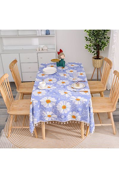 OBRO Kitchen Tablecloth, Square, Textile Material, Flower Print, Daisies, White-Blue, 150 x 150