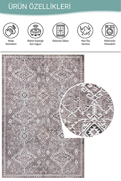 ARTLOOP Stonart Eskitme Vintage Desenli Kahverengi Otantik Yıkanabilir Şönil Halı AL 463