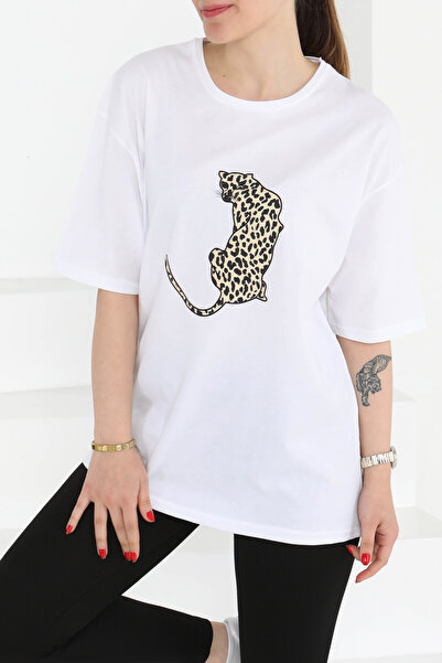 TOFİSA T-Shirt με κοντό μανίκι Tiger Printed Λευκό - 27123