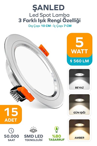 ŞANLED 5W 3 Renkli(Beyaz,Günışığı,Amber)Beyaz Krom Kasa Led Spot Lamba- 15 AD...