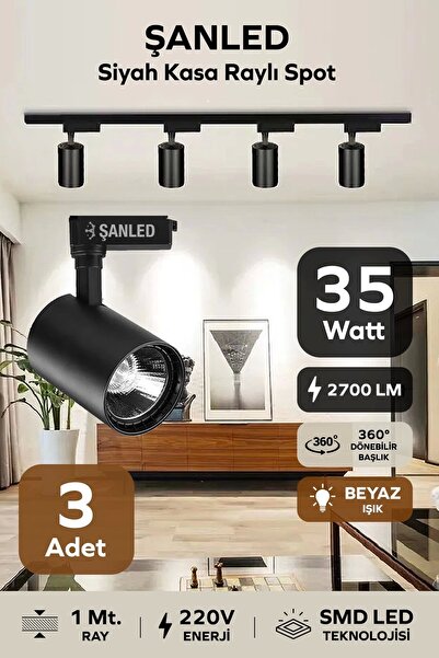 ŞANLED Led Siyah Kasa Beyaz Işık 35w Raylı Spot 3 Adet 1 Metre Ray