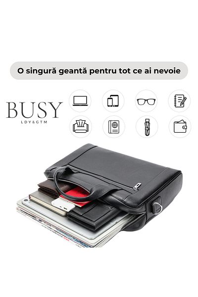 Busy Lady&Gentleman Baron 14' laptop bag, genuine leather, unisex briefcase, shoulder and hand bag, black