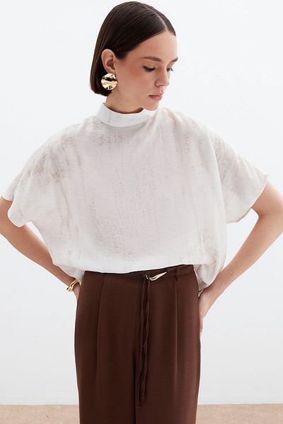 Sateen Sunken Patterned Loose Blouse - Stone