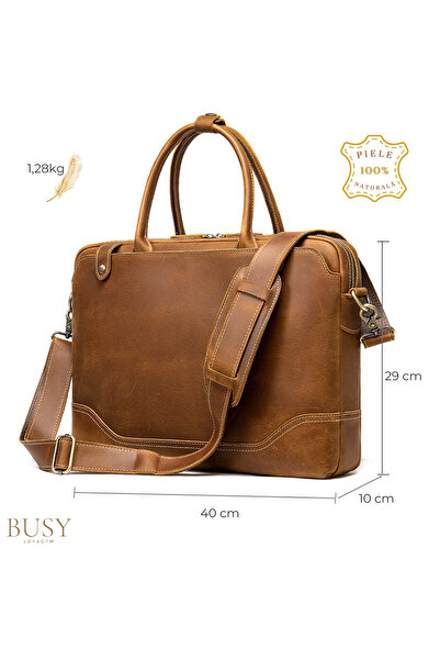 Busy Lady&Gentleman Geantă pentru laptop de 15,6 inch din piele naturală, Patrik, curea de umăr și mânere din piele, maro