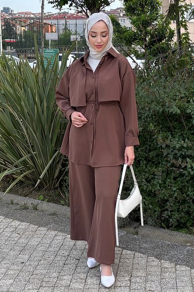 Tesettür Diyarı Summer Crepe Fabric Shirt Pants Set - Brown