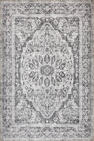 ARTLOOP Stonart Eskitme Vintage Desenli Gri Otantik Yıkanabilir Şönil Halı AL 457