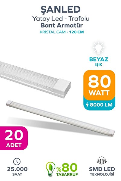 ŞANLED 80Wat 120 cm KRİSTAL  Yatay LED Bant Armatür-Trafolu Beyaz Işık -20 Ad...