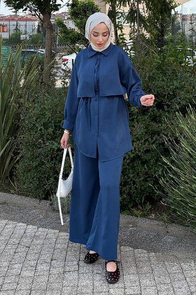 Tesettür Diyarı Summer Crepe Fabric Shirt Pants Set - Indigo