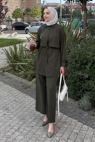 Tesettür Diyarı Summer Crepe Fabric Shirt Trousers Set - Khaki