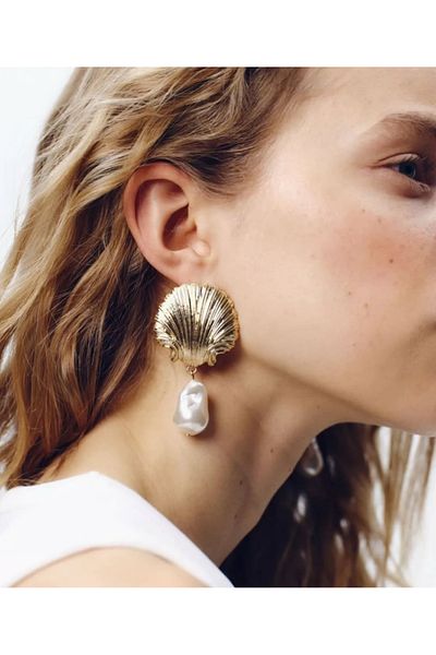AychaAksesuar Imported Steel Za Brand Model Sea Shell Pendant Pearl Big Earring