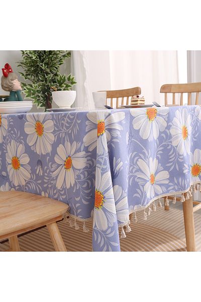 OBRO Kitchen Tablecloth, Square, Textile Material, Flower Print, Daisies, White-Blue, 150 x 150