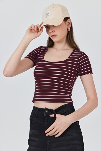 Rays Tricou cu dungi roșu Claret cu decolteu în U 4016