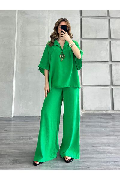 Coral Necklace V-Neck Blouse Trousers Suit Green