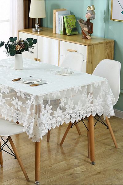 OBRO Fata de masa de lux din dantela brodata, eleganta, imprimeu floral, dreptunghiulara, 130 x 180, alb