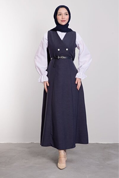Lamia Giyim Yakası V Düğmeli Kemerli Tesettür Elbise Lacivert