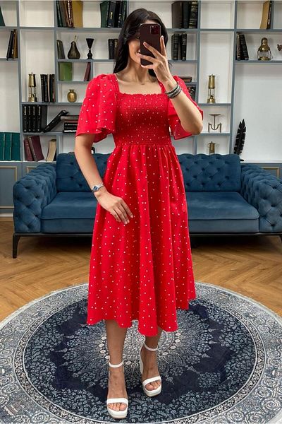 Madmext Red Patterned Midi Length Women's Dress Mg2475