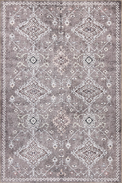 ARTLOOP Stonart Eskitme Vintage Desenli Kahverengi Otantik Yıkanabilir Şönil Halı AL 463