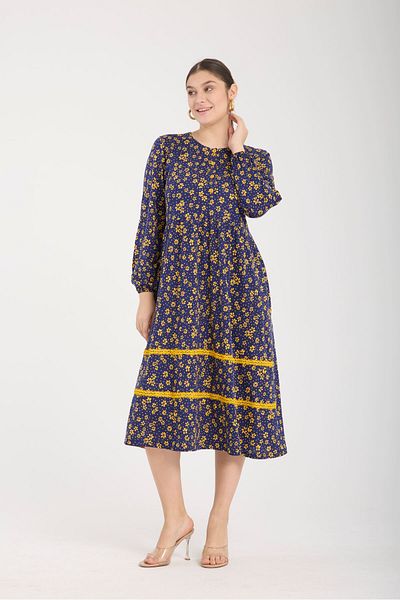 Wild Love Navy Blue Yellow Floral Patterned Large Size Long Sleeve Women's Dress