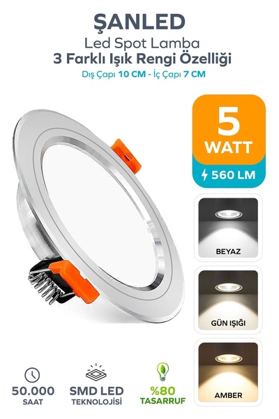 ŞANLED 5W 3 Renkli(Beyaz,Günışığı,Amber)Beyaz Krom Kasa Led Spot Lamba- 1 ADETTİR