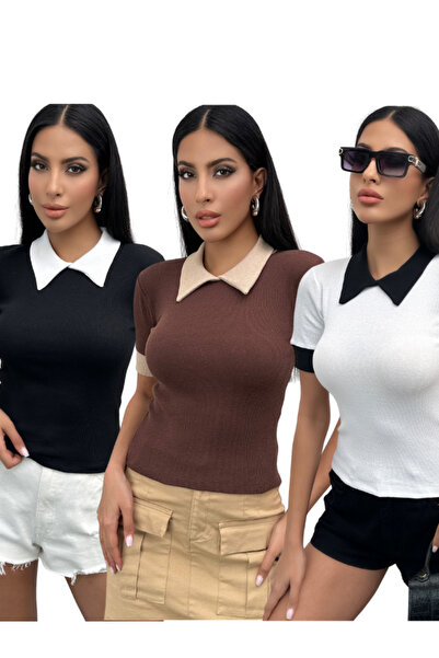 Chicup Aura Bluză tricotată cu guler polo, negru, alb, maro