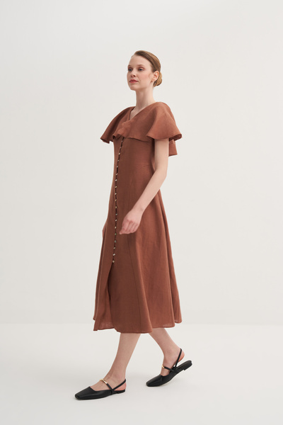 Jorbinol Volan detaylı keten midi elbise