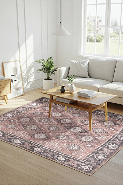 ARTLOOP Stonart Eskitme Vintage Desenli Pudra Otantik Yıkanabilir Şönil Halı AL 465