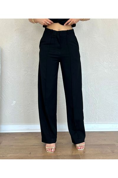 Nesil Long Loose Women's Trousers with Front Piping Detail