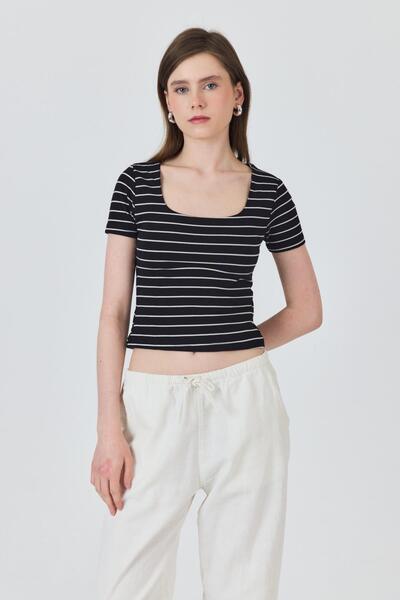 Rays Μαύρο T-Shirt με ριγέ U λαιμόκοψη 4016