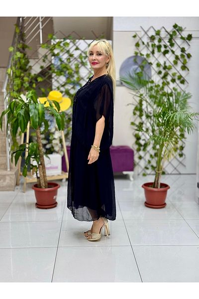 Punta Otantik Yg5161 Italian Collar Detail Silk Dress Black