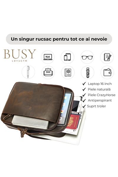 Busy Lady&Gentleman Laptop Backpack, Genuine Leather, Noble, Retro Business Design, Antiperspirant, Trolley Attachable