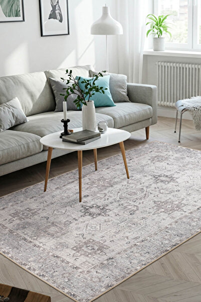 ARTLOOP Stonart Eskitme Vintage Desenli Gri Otantik Yıkanabilir Şönil Halı AL 461