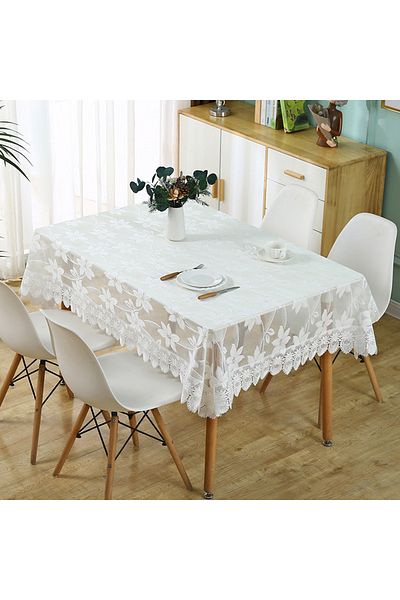 OBRO Fata de masa de lux din dantela brodata, eleganta, imprimeu floral, dreptunghiulara, 130 x 180, alb