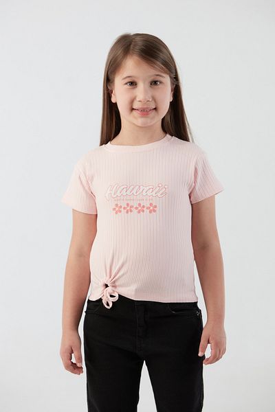 Fulla Moda Hawaiian Text Printed Ribbed Side Drawstring Girl's T-Shirt