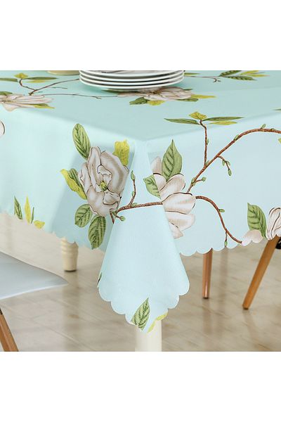 OBRO Fata de masa impermeabila, material textil, imprimeu floral bujori, eleganta, albastru, 130 x 180