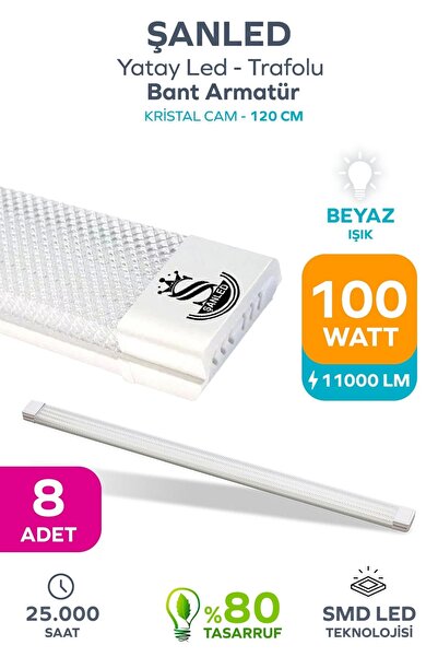 ŞANLED 100Wat 120 cm KRİSTAL  Yatay LED Bant Armatür-Trafolu Beyaz Işık -8 Ad...