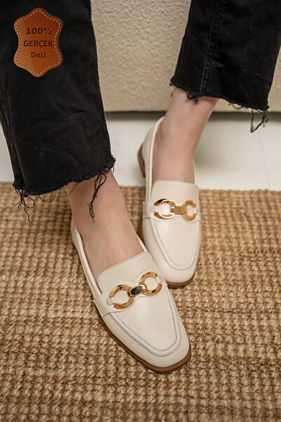 LAMİNTA Zeys Ecru Genuine Leather Loafer with Gold Accessories
