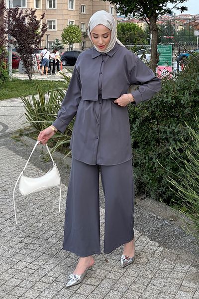 Tesettür Diyarı Summer Crepe Fabric Shirt Trousers Set - Anthracite