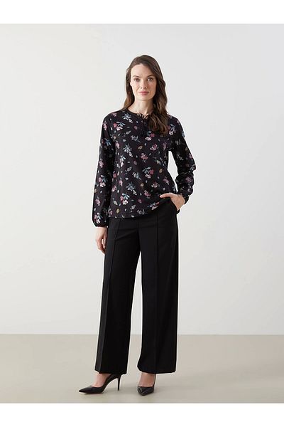 LC Waikiki Lcw Grace Black Lace-Up Collar Floral Women's Blouse
