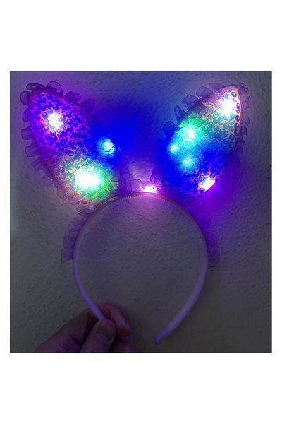 Findit Purple Sequined Rabbit Ear Crown with Lace Edges and Led Lights 23X19 cm (2818)