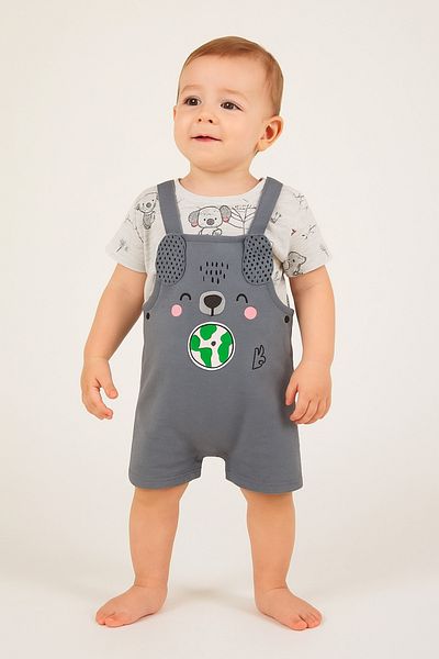 wakawakakidsstore Koala and the World Printed Gray Baby Salopet Set (2 Pieces)