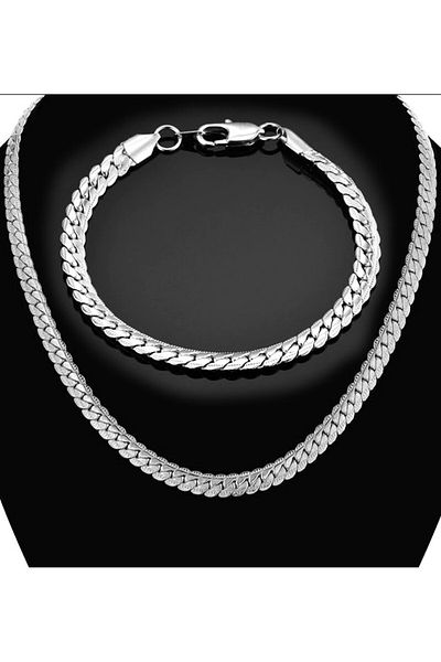 Takı Dükkanı Silver Crushed Flat Snake Steel Unisex Necklace and Bracelet Set Eck36s