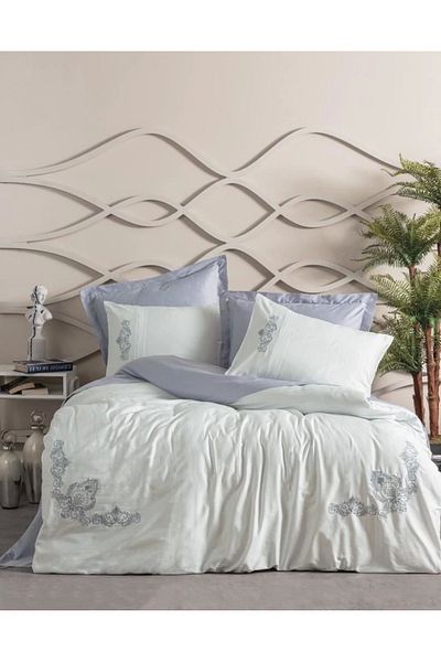 RBY Cotton Box Embroidered Double Satin Duvet Cover Set Bianna Gray